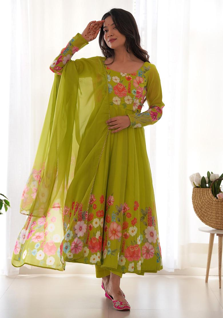 Parrot Green Floral Work Soft Organza Silk Anarkali Set