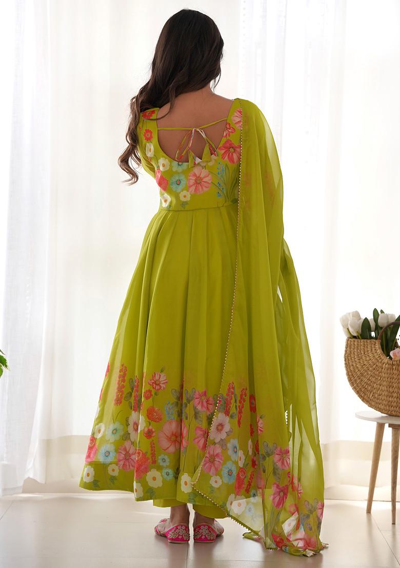 Parrot Green Floral Work Soft Organza Silk Anarkali Set