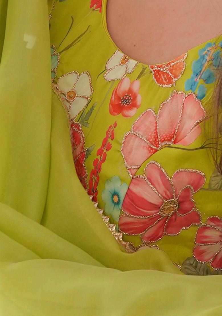 Parrot Green Floral Work Soft Organza Silk Anarkali Set