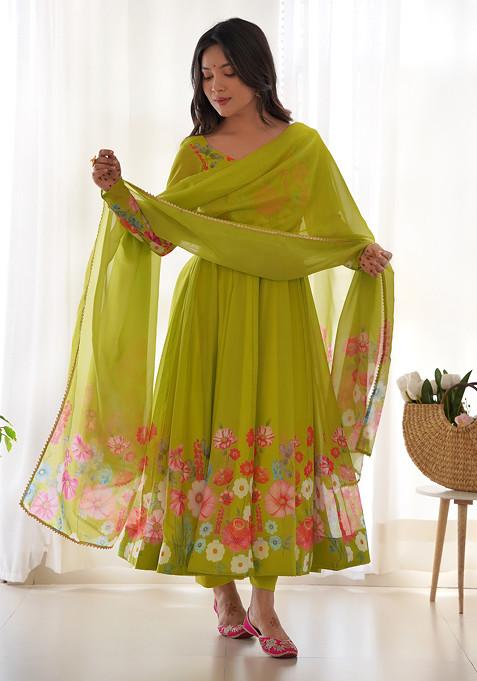 Parrot Green Floral Work Soft Organza Silk Anarkali Set