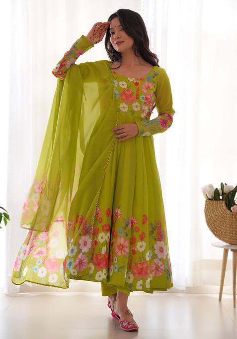 Parrot Green Floral Work Soft Organza Silk Anarkali Set