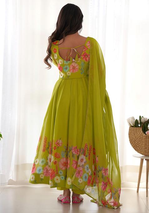 Parrot Green Floral Work Soft Organza Silk Anarkali Set