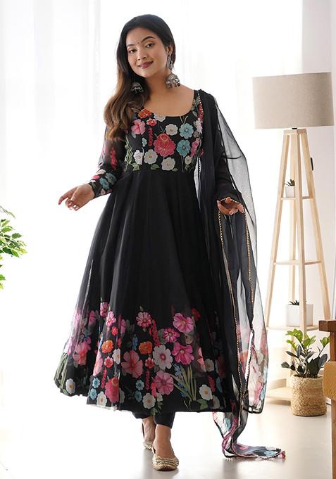 Black Floral Print Soft Organza Silk Anarkali Set