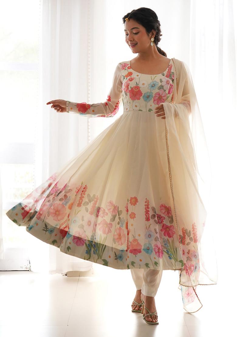 Cream Floral Print Soft Organza Silk Anarkali Set