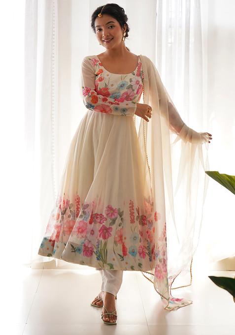 Cream Floral Print Soft Organza Silk Anarkali Set