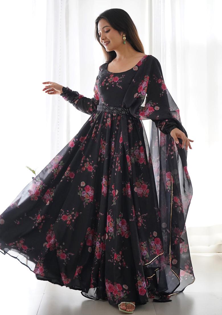 Black Printed Soft Organza Silk Anarkali Set