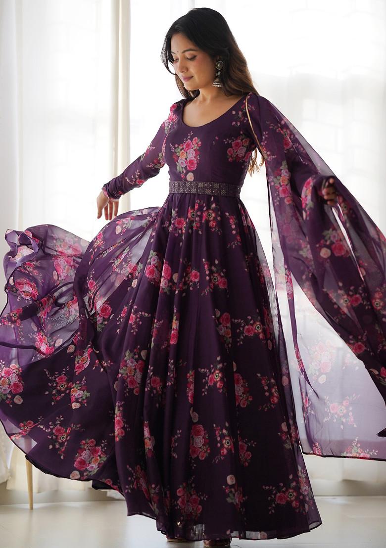 Wine Printed Soft Organza Silk Anarkali Set