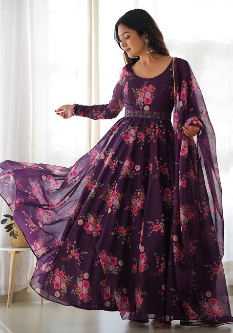 Wine Printed Soft Organza Silk Anarkali Set