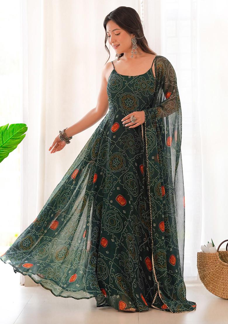 Green Printed Soft Chiffon Anarkali Set