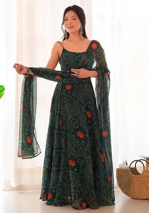 Green Printed Soft Chiffon Anarkali Set