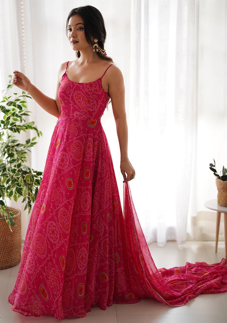 Pink Printed Soft Chiffon Anarkali Set
