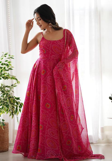 Pink Printed Soft Chiffon Anarkali Set