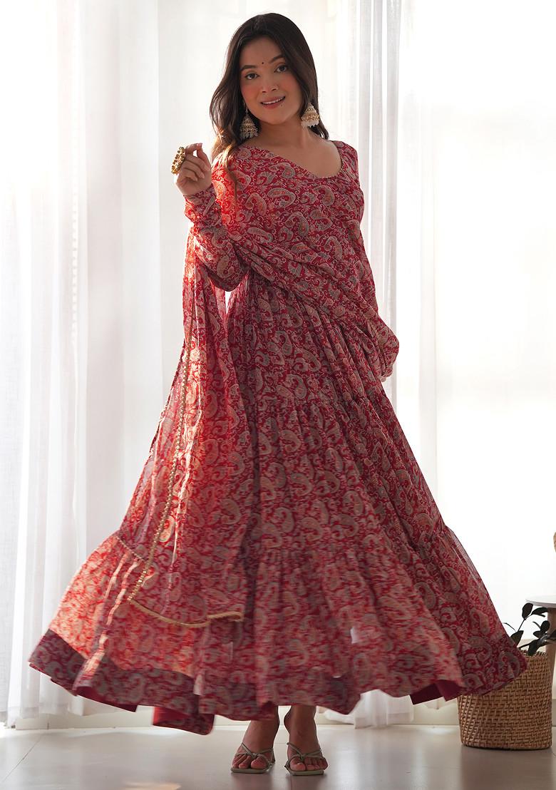 Maroon Printed Faux Georgette Anarkali Set