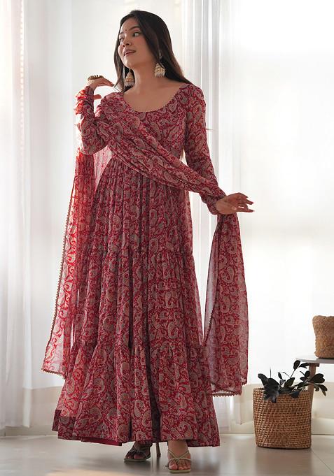 Maroon Printed Faux Georgette Anarkali Set