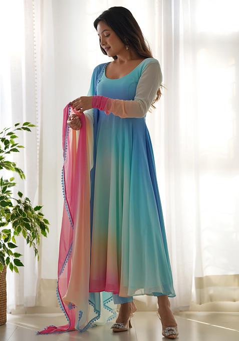 Sky Blue Printed Faux Georgette Anarkali Set