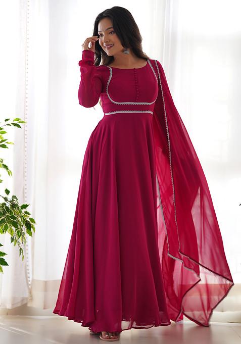 Rani Pink Solid Faux Georgette Anarkali Set