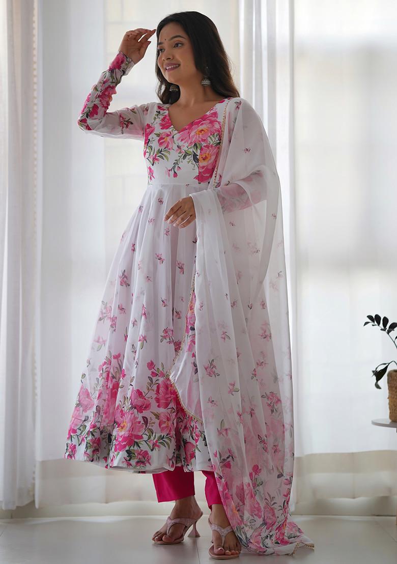 White Printed Soft Organza Silk Anarkali Set