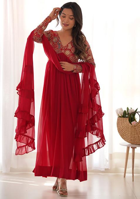 Red Sequin Embroidered Faux Georgette Anarkali Set