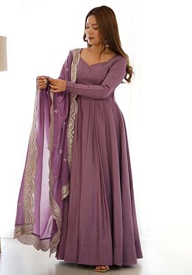 Mauve Solid Roman Silk Anarkali Set