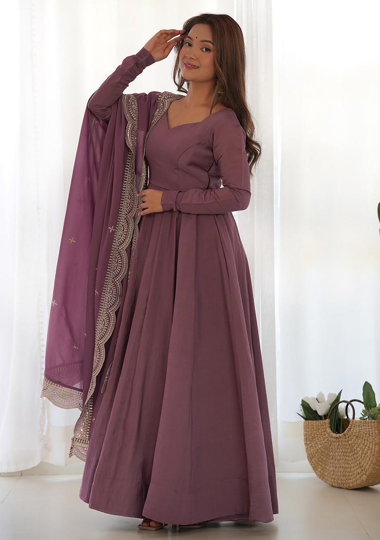 Mauve Solid Roman Silk Anarkali Set