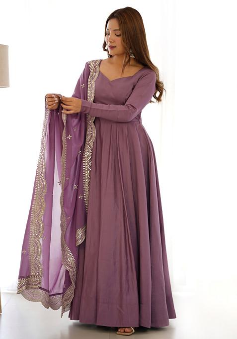 Mauve Solid Roman Silk Anarkali Set