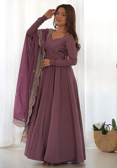 Mauve Solid Roman Silk Anarkali Set