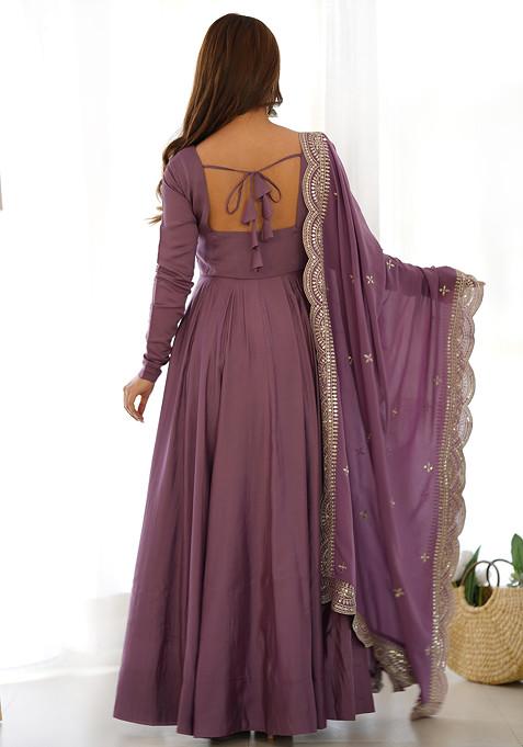 Mauve Solid Roman Silk Anarkali Set