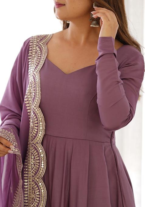 Mauve Solid Roman Silk Anarkali Set