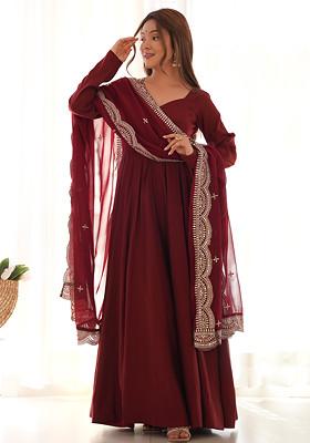 Maroon Solid Roman Silk Anarkali Set