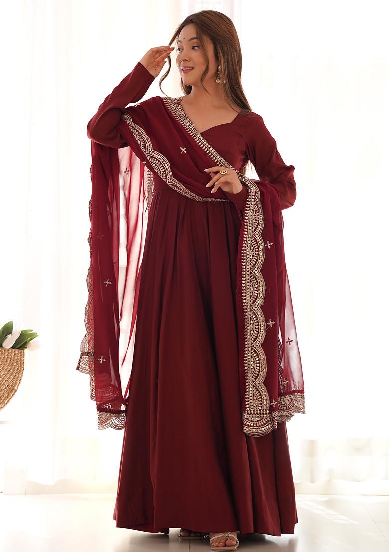 Maroon Solid Roman Silk Anarkali Set