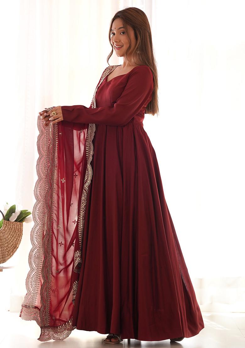 Maroon Solid Roman Silk Anarkali Set