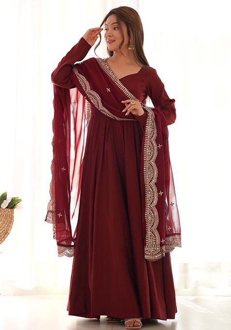 Maroon Solid Roman Silk Anarkali Set