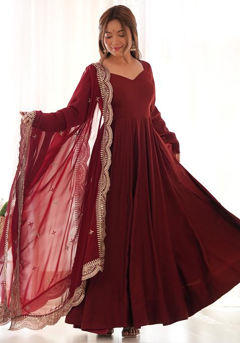 Maroon Solid Roman Silk Anarkali Set