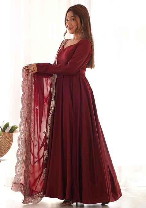 Maroon Solid Roman Silk Anarkali Set
