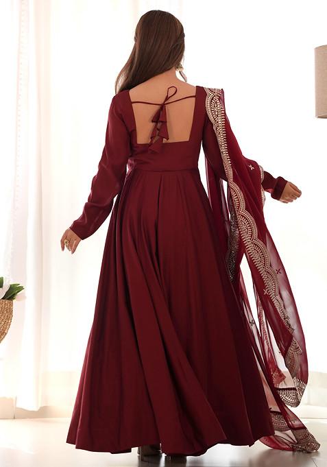 Maroon Solid Roman Silk Anarkali Set