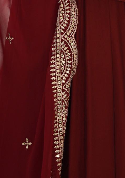 Maroon Solid Roman Silk Anarkali Set