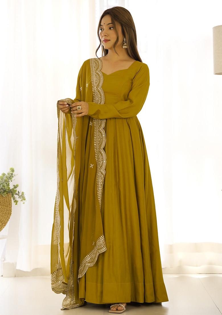 Mustard Solid Roman Silk Anarkali Set
