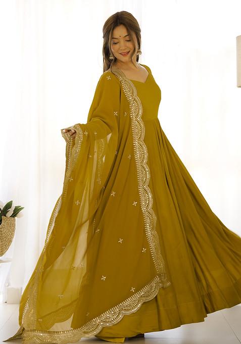 Mustard Solid Roman Silk Anarkali Set