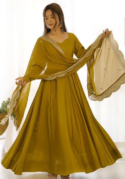 Mustard Solid Roman Silk Anarkali Set