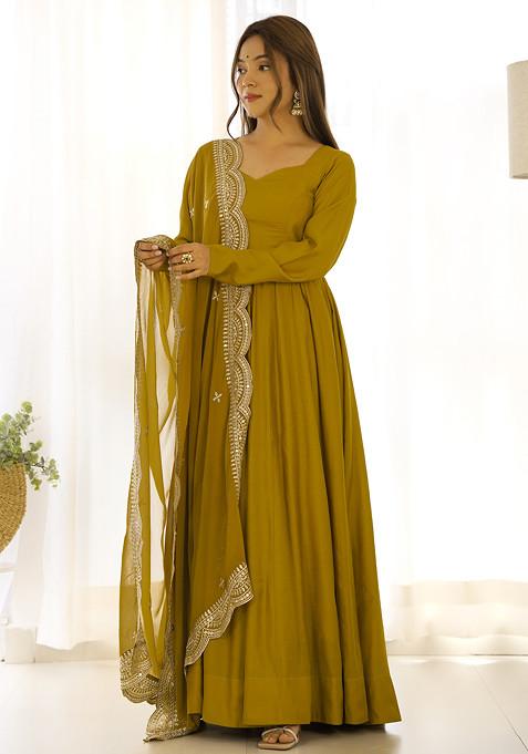 Mustard Solid Roman Silk Anarkali Set