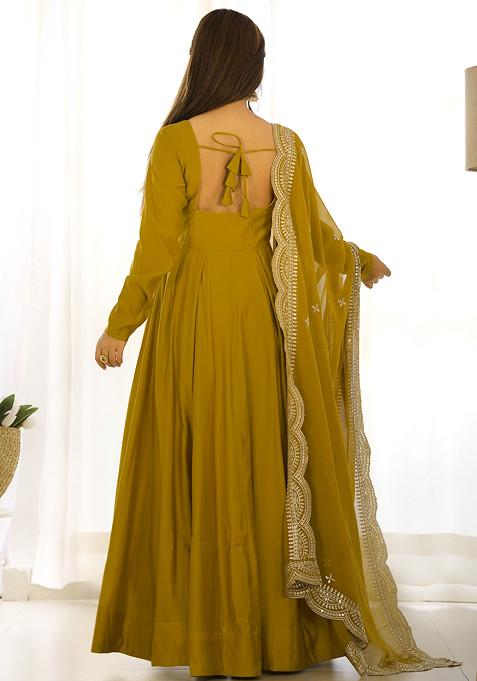 Mustard Solid Roman Silk Anarkali Set