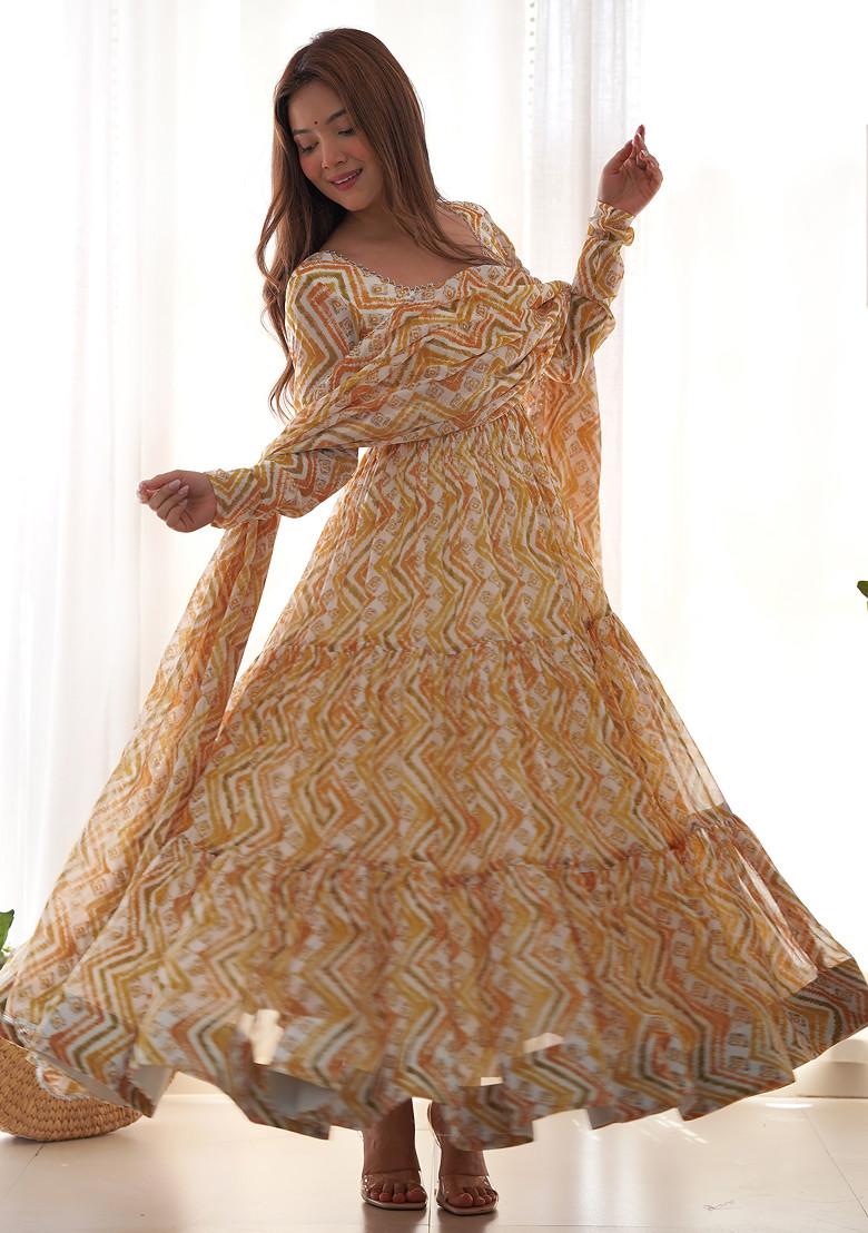 Yellow Printed Faux Georgette Anarkali Set