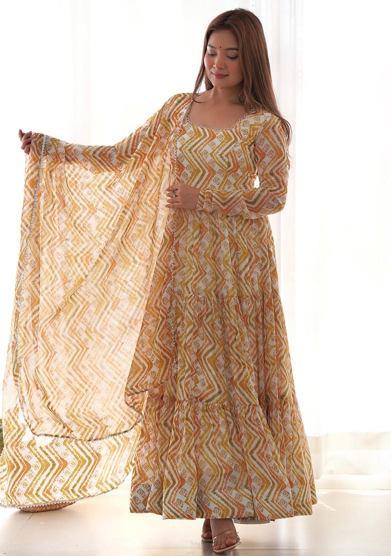 Yellow Printed Faux Georgette Anarkali Set