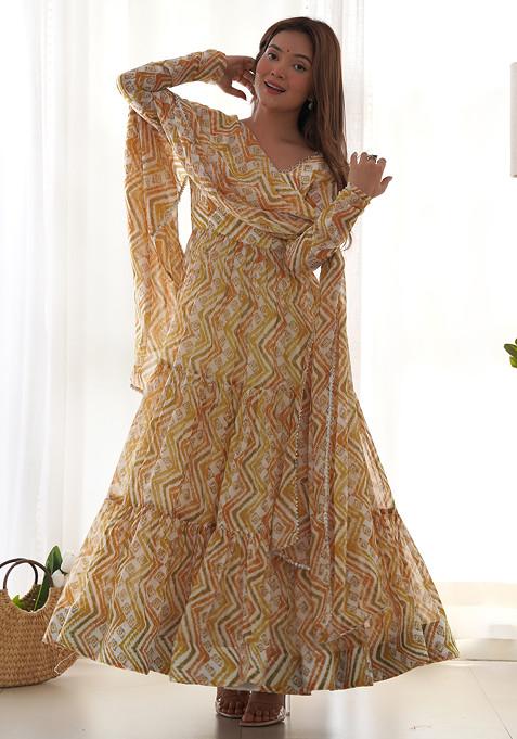 Yellow Printed Faux Georgette Anarkali Set