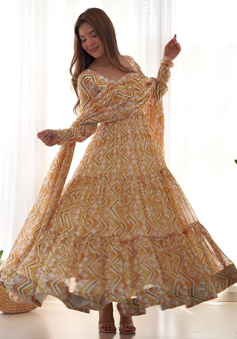 Yellow Printed Faux Georgette Anarkali Set