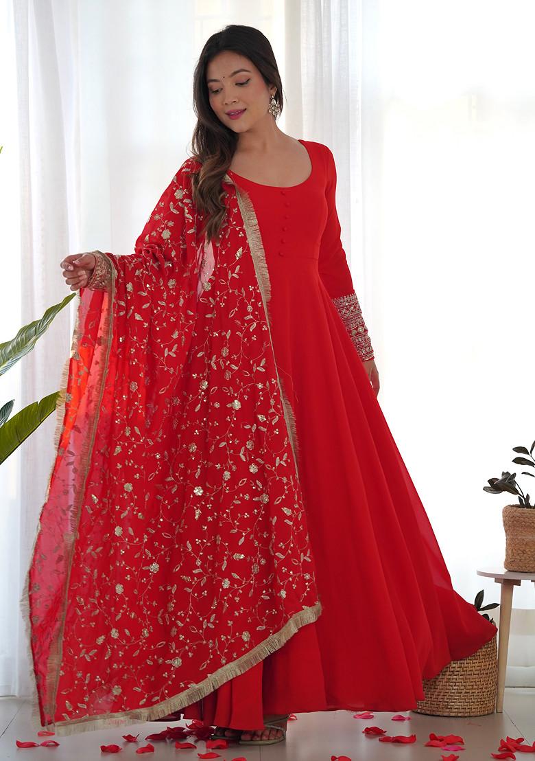 Red Solid Faux Georgette Anarkali Set