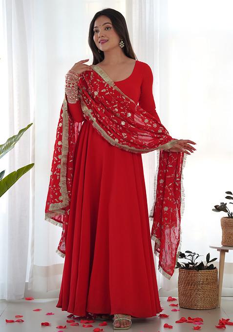 Red Solid Faux Georgette Anarkali Set