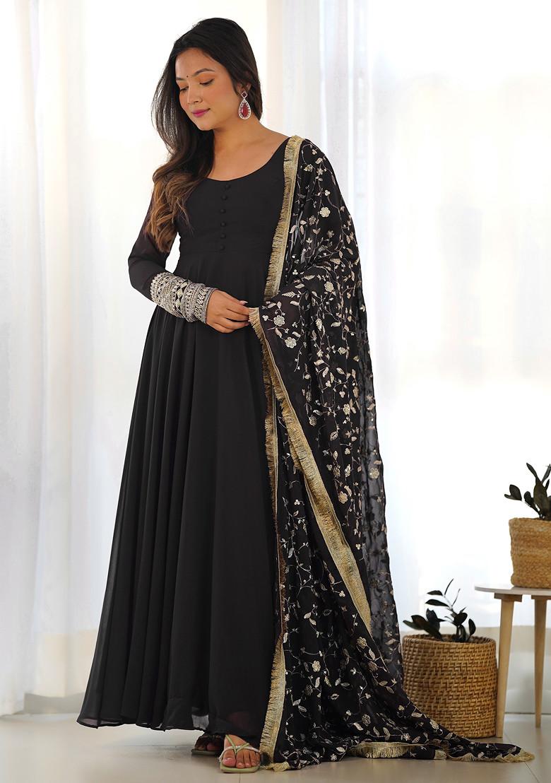Black Solid Faux Georgette Anarkali Set - Indya
