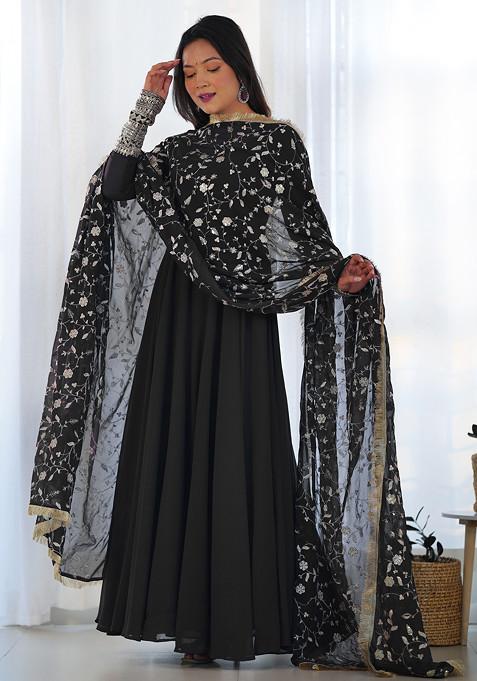 Black Solid Faux Georgette Anarkali Set