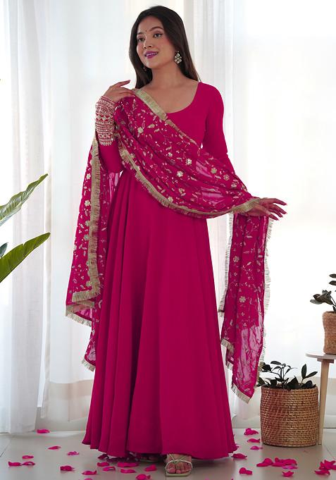 Magenta Solid Faux Georgette Anarkali Set